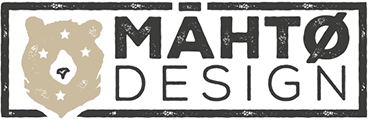 MAHTØ DESIGN logo: stylised bear head and textured typography.